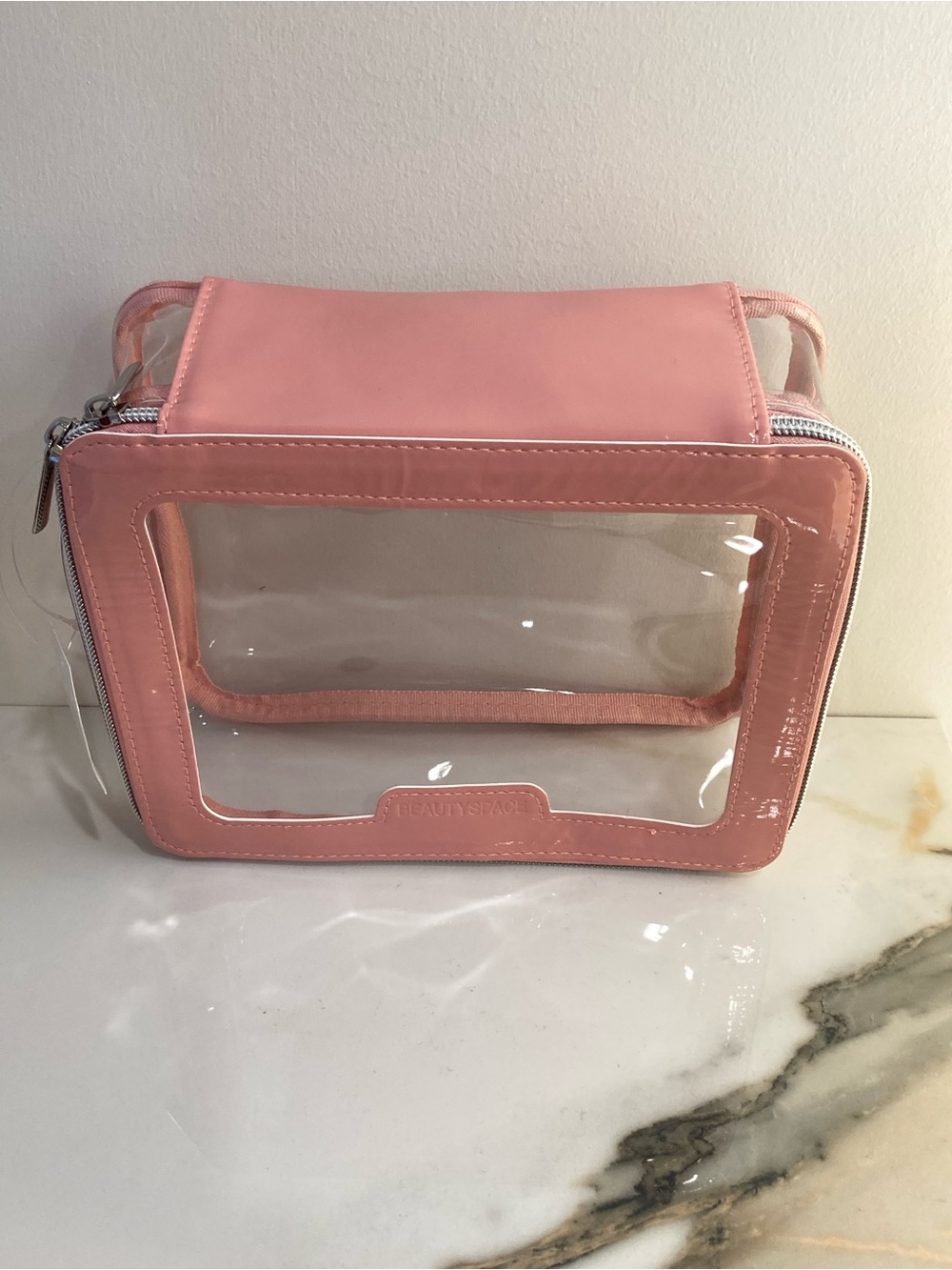 BEAUTYSPACE Clear Pink Travel Cosmetic Bag with Trim NWT